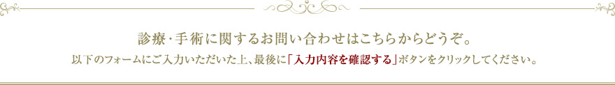 診療・手術に関するお問い合わせはこちらからどうぞ。以下のフォームにご入力いただいた上、最後に「入力内容を確認する」ボタンをクリックしてください。